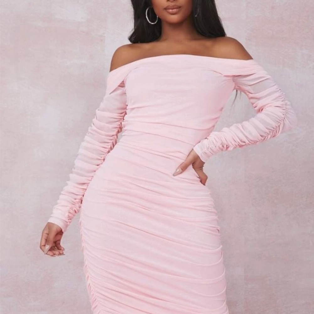 Off Shoulder Ruched Mesh Bodycon Dress - Picture 4 of 4